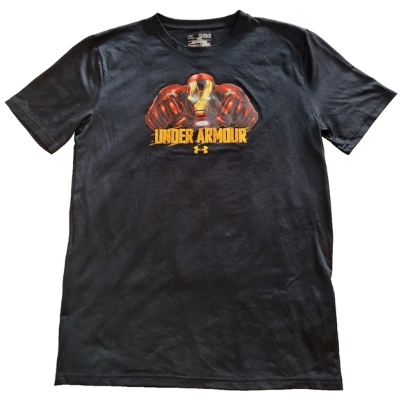 Under Armour Marvel Black T-shirt Iron Man Boys Large YLG Loose Heat Gear - Picture 3 of 8